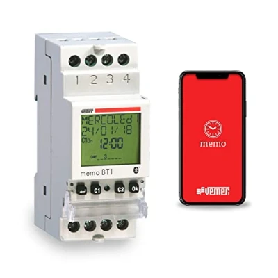 Imagen de VEMER VE767600 MEMO BT1 Temporizador Digital Interruptor Horario y Astronómico, Interfaz Bluetooth Programación a través de la App, Instalación en Carril DIN, Alimentación 230V AC, Blanco