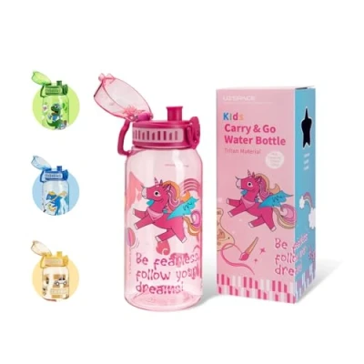 Imagen de UZSPACE Cantimplora infantil a prueba de fugas, botella agua 600 ml, unicornio para niñas, tritan sin BPA, con manejo una sola mano, escuela