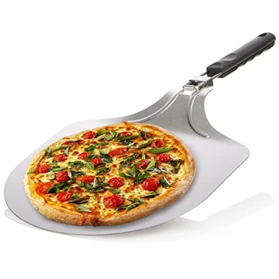 Imagen de COM FOUR® pala para pizza de acero inoxidable 430 elevador y pasteles con mango plegable (plateado/negro angular)