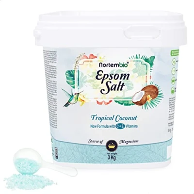 Imagen de Nortembio Sal de Epsom 3 Kg. Fragancia Coco Tropical. Baño Hidratada con Vitamina C y E. Relajación Músculos, Aromaterapia Buen Sueño. E Book Incluido.
