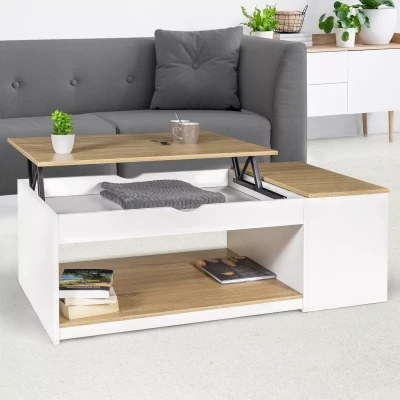 Imagen de IDMarket Mesa baja rectangular ELEA con baúl de madera blanca y forma haya