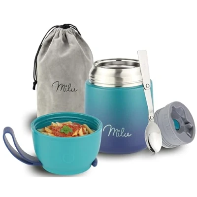 Imagen de Milu Termo para Comida 450 ml Taza Aislada, Botella de Acero Inoxidable Aislada Alimentos, Beber y sopa los niños adultos Térmico (450ml/Verde Azul)