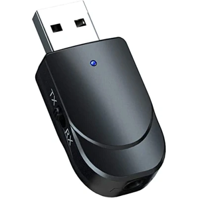 Imagen de Adaptador Bluetooth 5.0, USB Transmisor Receptor 2 en 1 con 3.5mm Cable de Audio, para PC/TV/Auriculares/Altavoces/Radio, Plug &amp; Play Negro
