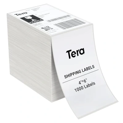 Imagen de Tera etiquetas térmicas de envío 4 x 6 pulgadas (1000 etiquetas/pila) sin BPA, manchas, adhesivas para varias impresoras, permanentes direcciones