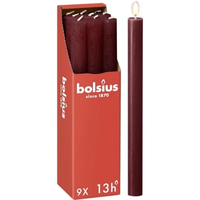 Imagen de Bolsius Velas rústicas Rojo burdeos 9 unidades 27 x 2,3 cm Duración de combustión 13 horas Sin perfume Cera vegetal natural aceite palma