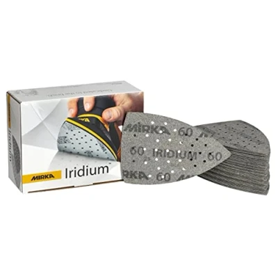 Imagen de Mirka Iridium Triángulo de lijado Premium Papel lija 100x152x152mm 36 agujeros Velcro Grano 60, 50 piezas / Para lijar barniz, masilla, imprimación, madera, acero, materiales minerales, plásticos