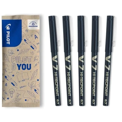 Imagen de PILOT Caja de 5 V7 Bolígrafos bola con tinta líquida Punta aguja Media para Escritura Suave y Precisa Secado rápido, antimanchas Negro (0,7mm)