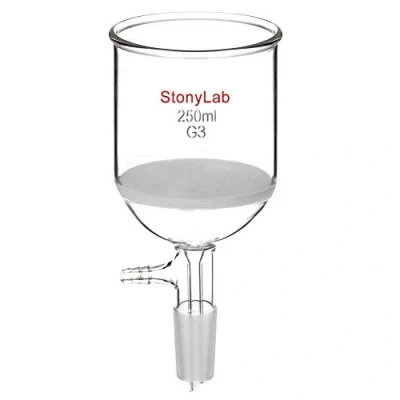 Imagen de Vaso de borosilicato StonyLab Embudo filtración Buchner con frita fina, diámetro del disco 30 mm, profundidad 90 junta interna cónica estándar 24/40 y tubulación dentada al vacío