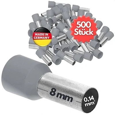 Imagen de Kalitec AE01408GR 500 casquillos de cable I aislados, sección transversal 0,14 mm², color gris, 8 mm largo, calidad industrial, fabricado en Alemania, cuello plástico, bolsa individual con