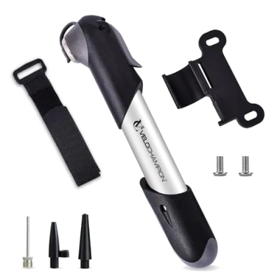 Imagen de VeloChampion Mini Bomba Bicicleta Portátil, Liviana y Compacta con Soporte para Cuadro. Hinchador Válvulas Presta, Schrader Dunlop. de Aire Carretera, MTB BMX