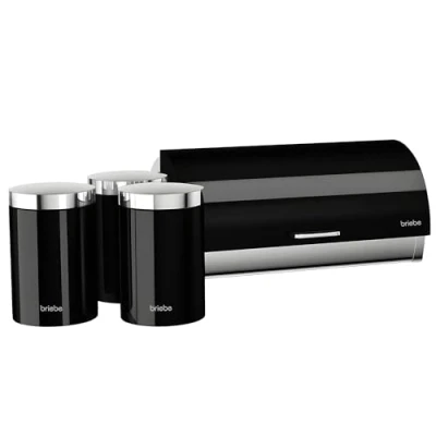 Imagen de briebe Set Panera de Mesa + Juego 3 Botes Cocina Almacenaje, Acero Inoxidable, Contenedor para Guardar Pan y Bollería,Tapa Deslizante, Diseño Moderno, Bread Box, Negro/Inox