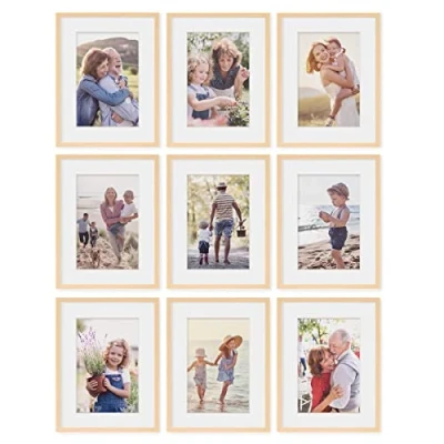 Imagen de PHOTOLINI marcos 30x40 cm madera MDF natural, set de 9 para pósteres con paspartú 20x30 cm, cristal acrílico, colgar y poner pie, incluye accesorios fotos, láminas