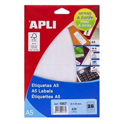 Imagen de APLI 1867 Etiquetas A5 blancas 20,0 x 50,0 mm 15 hojas