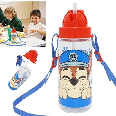 Imagen de HOVUK botella de agua Paw Patrol con pajita, 500 ml, bebidas Tritan para la escuela, a prueba fugas, sin BPA, transparente ciclismo y correr partir 3 años