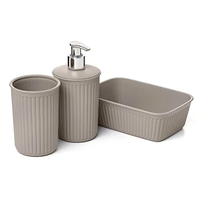 Imagen de Tatay Set de 3pcs Sobremesa Baño (Vaso + Dosificador Organizador A6) Baobab, Plástico, Libre BPA, Taupe