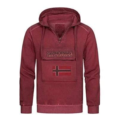 Imagen de Geographical Norway Sudadera con capucha para hombre aspecto lavado en el pecho media cremallera, parches y embros, azul marino, S