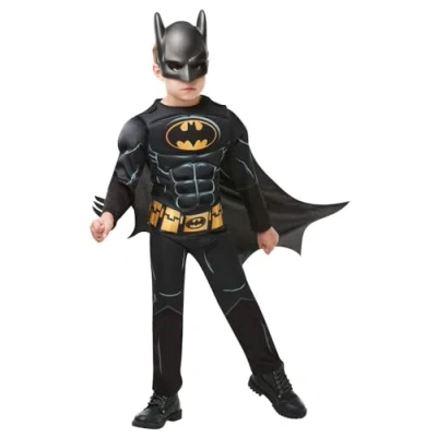 Imagen de Rubies Disfraz Batman Black Core Deluxe para niño, con pecho musculoso de Lujo Oficial en color negro, capa removible y máscara halloween, navidad, carnaval cumpleaños