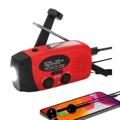 Imagen de Radio solar portátil con AM/FM/NOAA, generador de manivela, batería recargable 2000 mAh, cargador teléfono móvil USB, linterna LED, para emergencias, camping (rojo)