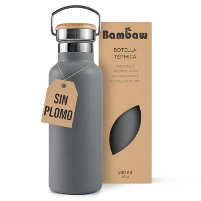 Imagen de Bambaw Botella térmica 500ml, agua gris, acero inoxidable bicicleta, deporte agua, Cantimplora termica Gris antracita