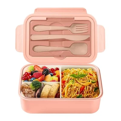 Imagen de Diboniur Fiambrera con 3 Compartimentos y Cubiertos Infantil Adulto, 1400ml Lunch Box Hermetica Comida Trabajo Escuela Picnic Microondas (Rosa)