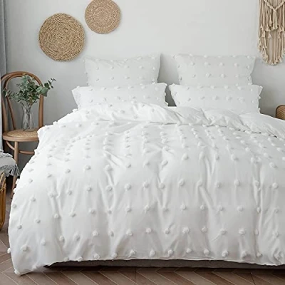 Imagen de bpblgf Funda Nordica Cama con Pompones, Juego de Fundas Nórdicas BlancoFunda Edredon Color Sólido Microfibra Suave Transpirable y 2 x Almohada 50x75 cm,Blanco,200 * 200cm