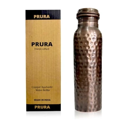 Imagen de PRURA Botella de agua cobre con estampado plumas, a prueba fugas, recipiente ayurvédico para deportes, gimnasio, al aire libre, yoga, cocina