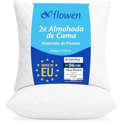 Imagen de Almohadas para Cama 65x65 2 Unidades Relleno Cojin Hipoalergénico Antiácaros y Suave Cuadrado Hogar con Funda Exterior de Almohada Respirable en Cotton Polyest. Blanco Extraíble Lavable