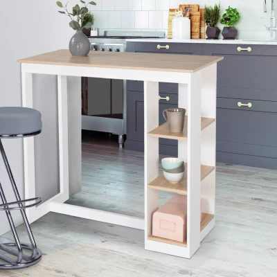 Imagen de IDMarket Mesa de bar Barth 2 a 4 personas calada madera blanca y bandeja haya