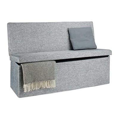 Imagen de Relaxdays Baúl Almacenamiento, Banco con Respaldo, Puff Asiento Almacenaje, Taburete, Lino, 1 Ud, 73x114x38 cm, Gris, Tablero de Fibras