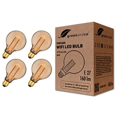 Imagen de greenandco 4x Bombilla LED inteligente WiFi con app (no requiere hub) Vintage E27 G95, 3,8W 160lm 1800K 320 230V, sin parpadeo, regulable, compatible Alexa y Google Assistant