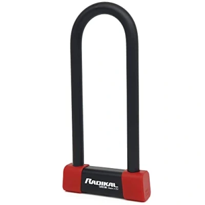 Imagen de RADIKAL RK250R Candado Moto U Alta Seguridad Homologado SRA, 85x250mm Bloqueo Ambos Discos Freno, Acero Cementado, Arco ø18mm, Revestido, Doble Cierre, Cerradura Antirrobo Scooter, Bici Eléctrica