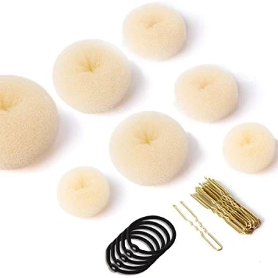 Imagen de 7pcs Donuts para El Pelo, Accesorios de Peinado Kit con 5 Gomas Pelo Negras, 20 horquillas peinados Chignon, juego moño niñas (rubio)