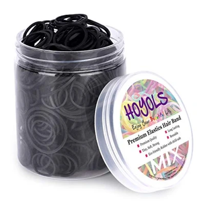 Imagen de HOYOLS Bandas de goma pequeñas tamaño surtido para lazos negros el cabello trenzado, soportes cola caballo mixto, bebés gruesos, mini pelo negro 600pcs(mezcla)