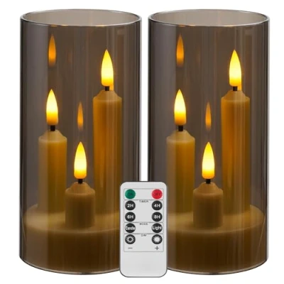 Imagen de Da by vela sin llama, a pilas con control remoto y temporizador, LED de tres mechas, boda romántica, decoración perfecta del hogar, paquete 2 (gris)