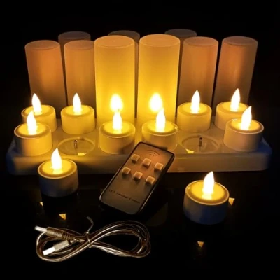 Imagen de Velas eléctricas y LED recargables con estación de carga, 12 unidades, pilas sin llama, tazas esmeriladas cable USB,para fiesta,boda,jardín,decoración interior Bar,Cafetería,Navidad etc