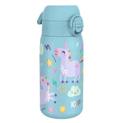Imagen de Ion8 Botella Agua Acero Inoxidable para Niños, 400ml, a Prueba de Fugas, Fácil Abrir, Cerradura Segura, Apta Lavavajillas, Tapa Abatible, Asa Transporte, Limpiar, Unicornios Azul