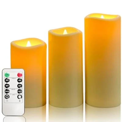 Imagen de YIWER velas sin llama led impermeables, parpadeantes con pilas para interiores al aire libre Temporizadores remotos,juego de plástico marfil 3 D2,2&quot;xH5&quot;6&quot;7&quot;para decoración fiestas