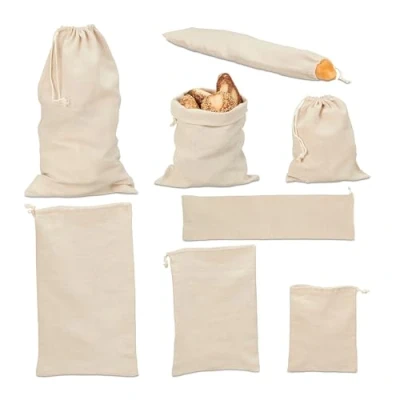 Imagen de Relaxdays 8 Piezas. Juego Bolsas para Pan, Panera Tela, Algodón, 4 Tamaños, Conservar Baguettes, Panecillos, Fruta, Verdura, Beige, 73 x 20 cm