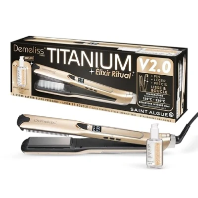 Imagen de Estuche alisador de vapor TITANIUM V2 ELIXIR RITUAL DEMELISS 5 niveles temperatura Depósito 30 ml Hasta 230 C