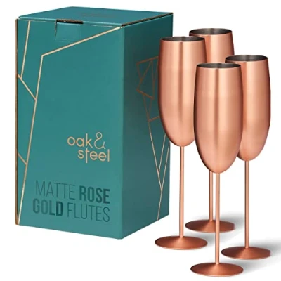 Imagen de Oak &amp; Steel Copas De Champán Oro Rosa, Juego Acero Inoxidable Mate