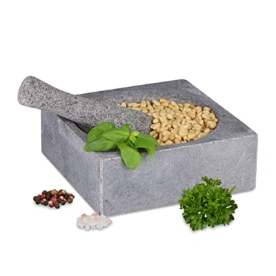 Imagen de Relaxdays Mortero con Mano, Granito, 6, 5x18,5 cm, Pulido, Duradero, Molcajete de Piedra Especias y Hierbas, Gris, Bambú, 6.5 x 18.5 cm