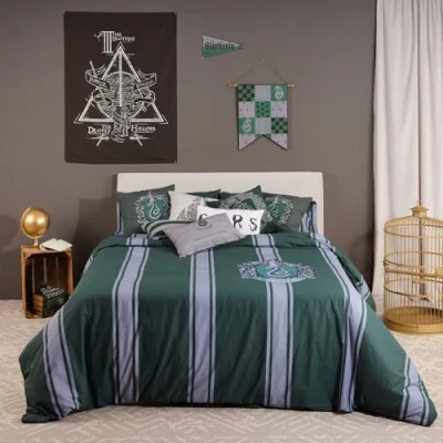 Imagen de BELUM Funda nórdica Harry Potter, con Botones 100% algodón Modelo Slytherin Rayas para Cama de 105 (180x220 cm)