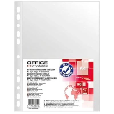 Imagen de OFFICE PRODUCTS fundas transparentes para folletos, A4, 100 unidades, apertura superior, de plástico perforadas, transparente 60 micras, borde reforzado