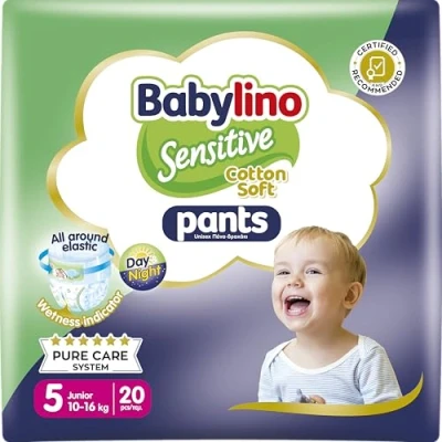 Imagen de Babylino Sensitive Cotton Soft Pants, Talla 5 (10 16 Kg), Pañal Braguita con Ajuste 360 Anti Fugas, 20 pañales
