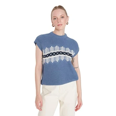 Imagen de Trendyol Chaleco de Punto Cuello Redondo estándar Regular para Mujer Suéter, añil, M