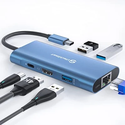 Imagen de Hub USB C, UtechSmart 6 en 1 Adaptador C a HDMI con 1000M RJ45 Ethernet, Puerto de Carga PD 100W, 3 Puertos 3.0 Compatible para MacBook Pro, Chromebook y Dispositivos C(Azul)