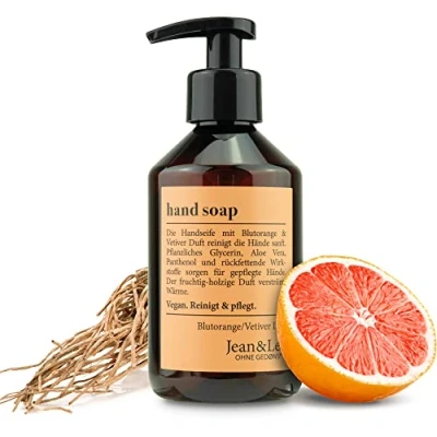 Imagen de Jean &amp; Len jabón de manos Naranja sanguina y Vetiver, líquido en dispensador para limpias cuidadas, aroma afrutado amaderado, sin parabenos, siliconas ni microplásticos, vegano, 250 ml