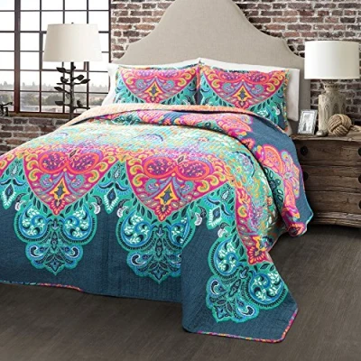 Imagen de Lush Decor Boho Chic Juego de Cama Reversible 3 Piezas, Algodón, Turquesa y Azul Marino, Full/Queen