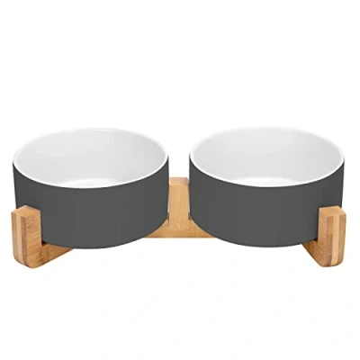 Imagen de SPUNKYJUNKY Comedero Doble de cerámica para Perros y Gatos con Soporte bambú (850ml, Gris Blanco)