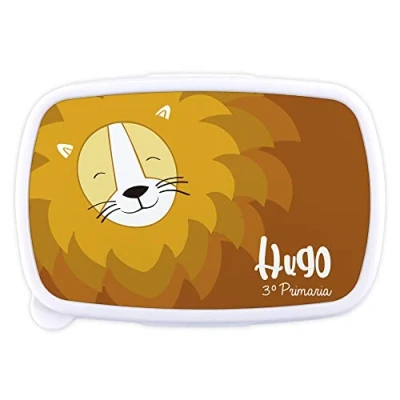 Imagen de LolaPix Loncheras para Niños. Fiambrera Infantil Personalizada. Caja merienda con Nombre y Curso. Apta microondas Libre de BPA, filatos Metales Pesados. Varios diseños.León Amigo